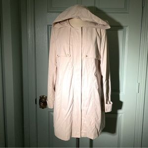 H&M roomy hooded zip up mid length trench rain coat with brass buttons